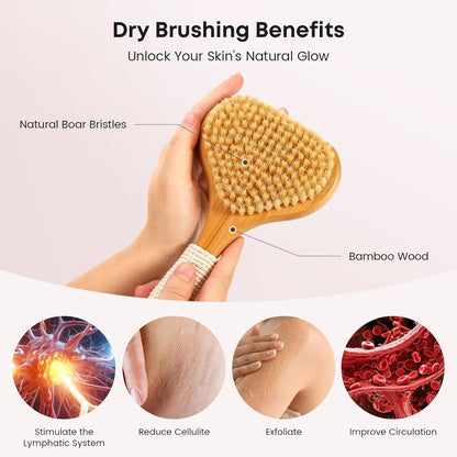 eaxun Bamboo Dry Brushing Set with Body and Face Brush, Dry Scrub Brush with Exfoliating Natural Boar Bristle for Lymphatic Drainage, Cellulite Reduction, Blood Circulation and Glowing Skin, 2 Pack