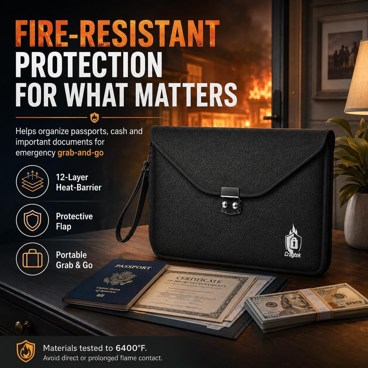 6400°F Fireproof Document Bag with Lock, UL94 VTM-1 Certified