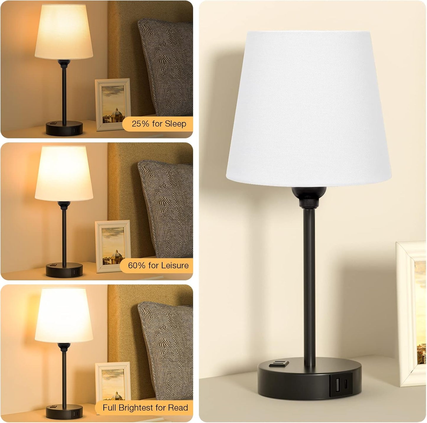 Mini Bedside Lamps for Bedrooms Set of 2 - Nightstand Bedroom Lamps with USB C Port and AC Outlet Charging, Dimmable Touch Small Bed Side Table Lamp, Black Night Stand Light for Kids/Guest Room
