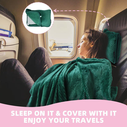3 in 1 Travel Blanket Pillow Set - 350 GSM Thick Travel Blanket Airplane Compact with Bag, Soft Bag with a Pocket, Inflatable Travel Pillow for Camping & Car Trip(Mint Green)