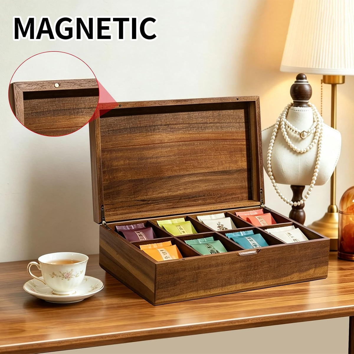 Acacia Wooden Tea Bag Organizer Box, Countertop Tea Station
