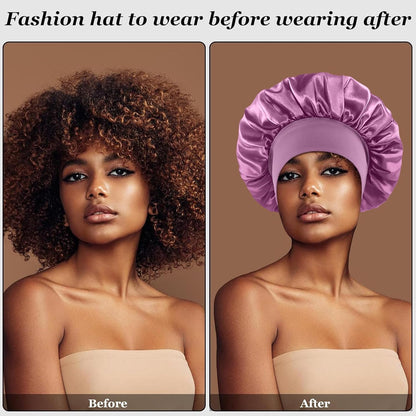 4PCS Silk Satin Bonnets for Black Women & Men - Elastic Wide Band Hair Wrap Cap for Curly Hair - Shower Cap for Sleeping (Black, Peacock Blue, Pink, Khaki)