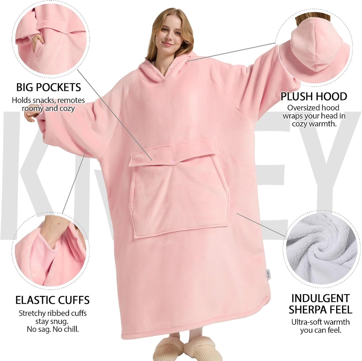Krifey Wearable Blanket Hoodie, Oversized Sherpa Hooded Blanket for Adults | Soft sherpa fleece with sleeves and pocket; oversized fit for lounging, WFH, camping, Christmas and white elephant gifts.