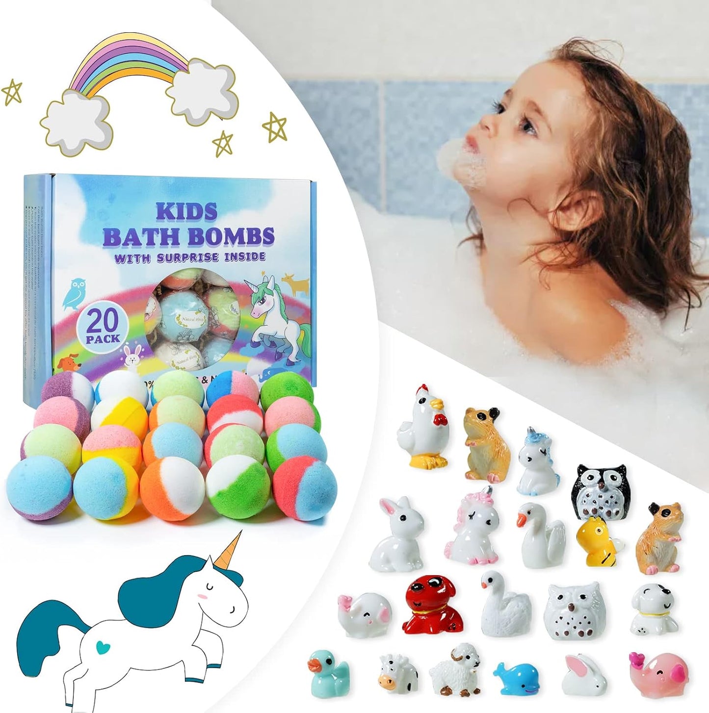 Bath Bombs for Kids 20Pcs Organic Fizzy Gift Set with Surprise Toys Inside