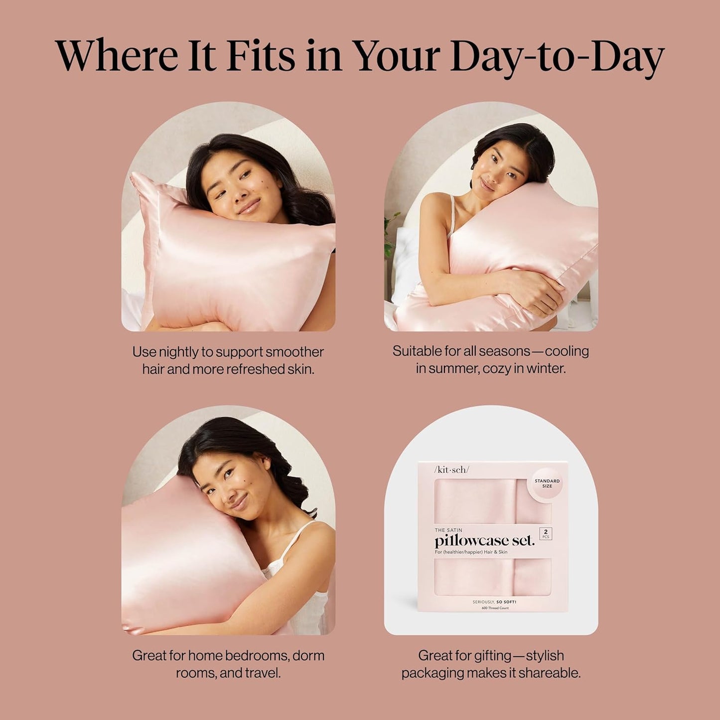 Kitsch Satin Pillowcase with Zipper for Hair & Skin - Softer Than Silk Pillow Cases, Smooth Cooling Satin Pillow Case, Wrinkle-Free, Machine Washable - Pillow Cases Standard Size (19x26) - Blush