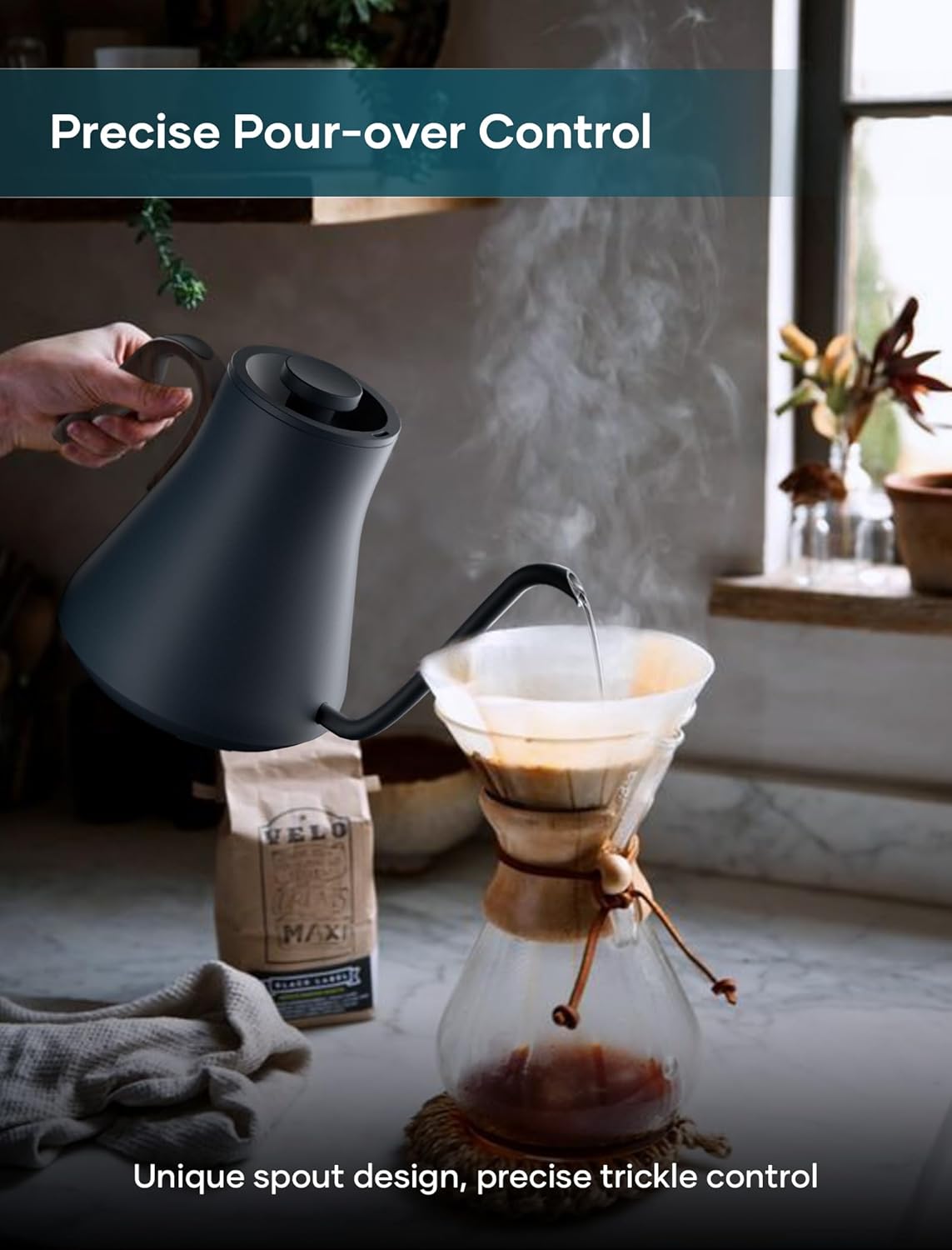 INTASTING Electric Kettle, Gooseneck Electric Kettle, ±1℉ Precise Temperature Control, Stainless Steel Interior, Quick Heating for Pour Over Coffee, Tea & Boiling Water, 0.9L (Black)
