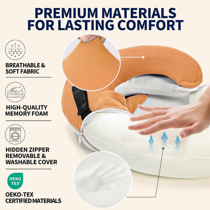 BUYUE Travel Neck Pillows for Airplanes, Memory Foam 360° Head Support Sleep for Long Flight, Skin-Friendly & Breathable, Kit with Eye Mask, Earplugs and Storage Bag (Adult, Grey, 90+ lbs)
