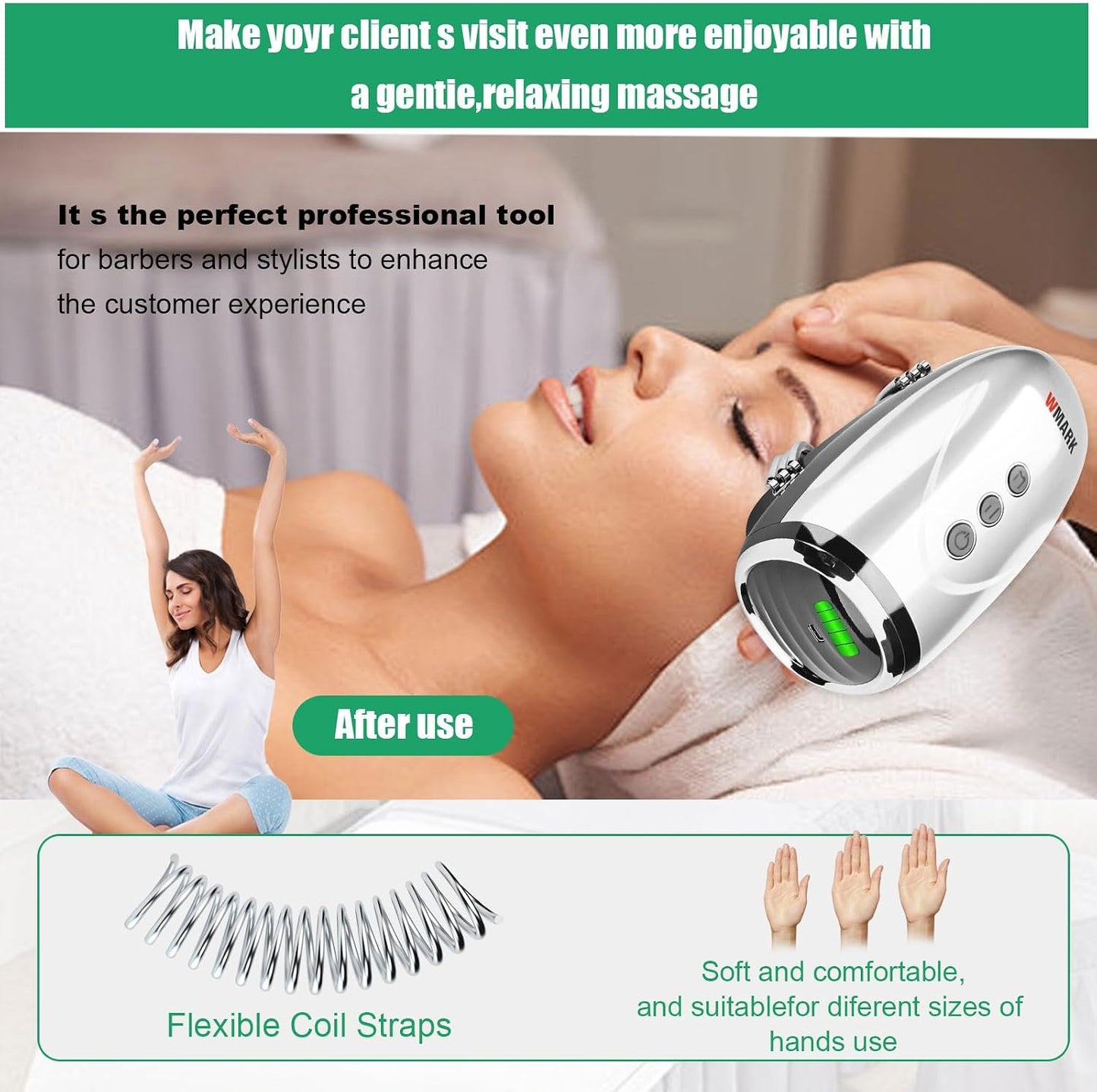 WMARK Barber Massager/Cordless Handheld Massager, Charge Neck/Legs/Hand/Face Massager, 2 Massage Nodes 2600AMH，Golden