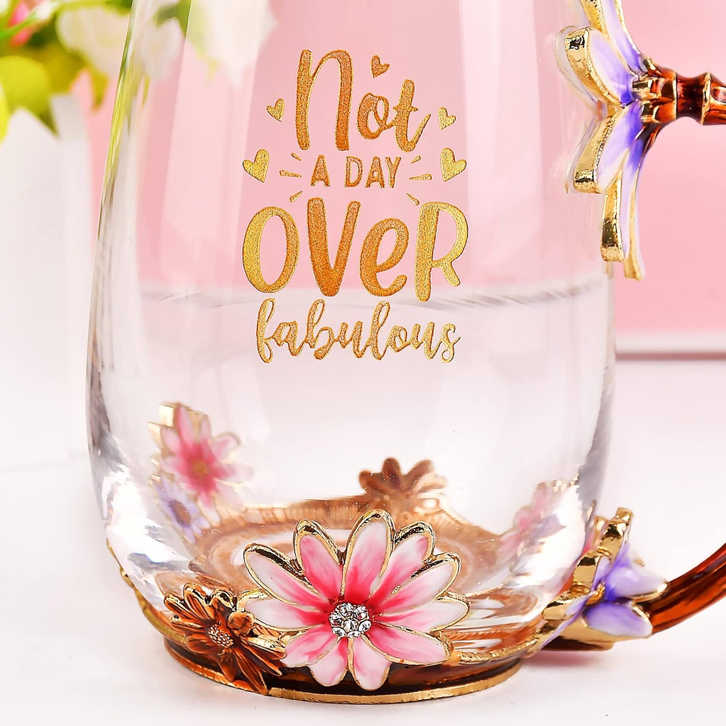 Enamel Glass Flower Tea Pot With Removable Loose Tea Leaf Infuser Tea Maker Teapot Set 30.4OZ Gifts for Women,Mom,Birthday