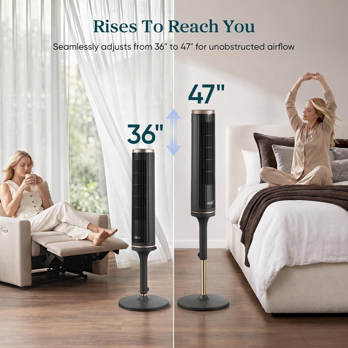 LEVOIT Tower Fan for Bedroom, Standing Fan with 36”-47” Adjustable Height, 90° Oscillating Room Fan, 28dB Quiet for Sleep, 23 ft/s Velocity, 5 Speeds 4 Modes, 12H Timer, Remoter, for Home, White