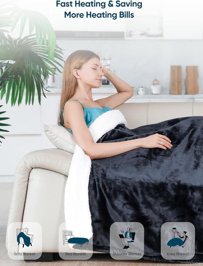 Mlivrom Heated Throw Blanket with 1-9 hrs Timer Auto-Off & 8 Heating Levels，Flannel Electric Blanket Throw ETL Certification，Machine Washable Full Body Warming Blankets