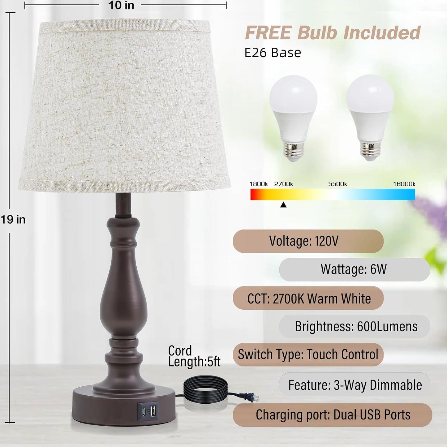 EJIAXIN Lamps for Bedrooms Set of 2, Brushed Nickel Bedside Lamps with USB C+A Ports,Dimmable Nightstand Lamps with Fabric Lampshade, Touch Table Lamp for Living Room Bedroom Office, Bulbs Included