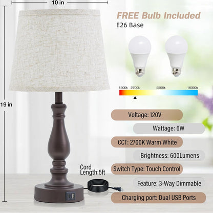 EJIAXIN Lamps for Bedrooms Set of 2, Brushed Nickel Bedside Lamps with USB C+A Ports,Dimmable Nightstand Lamps with Fabric Lampshade, Touch Table Lamp for Living Room Bedroom Office, Bulbs Included