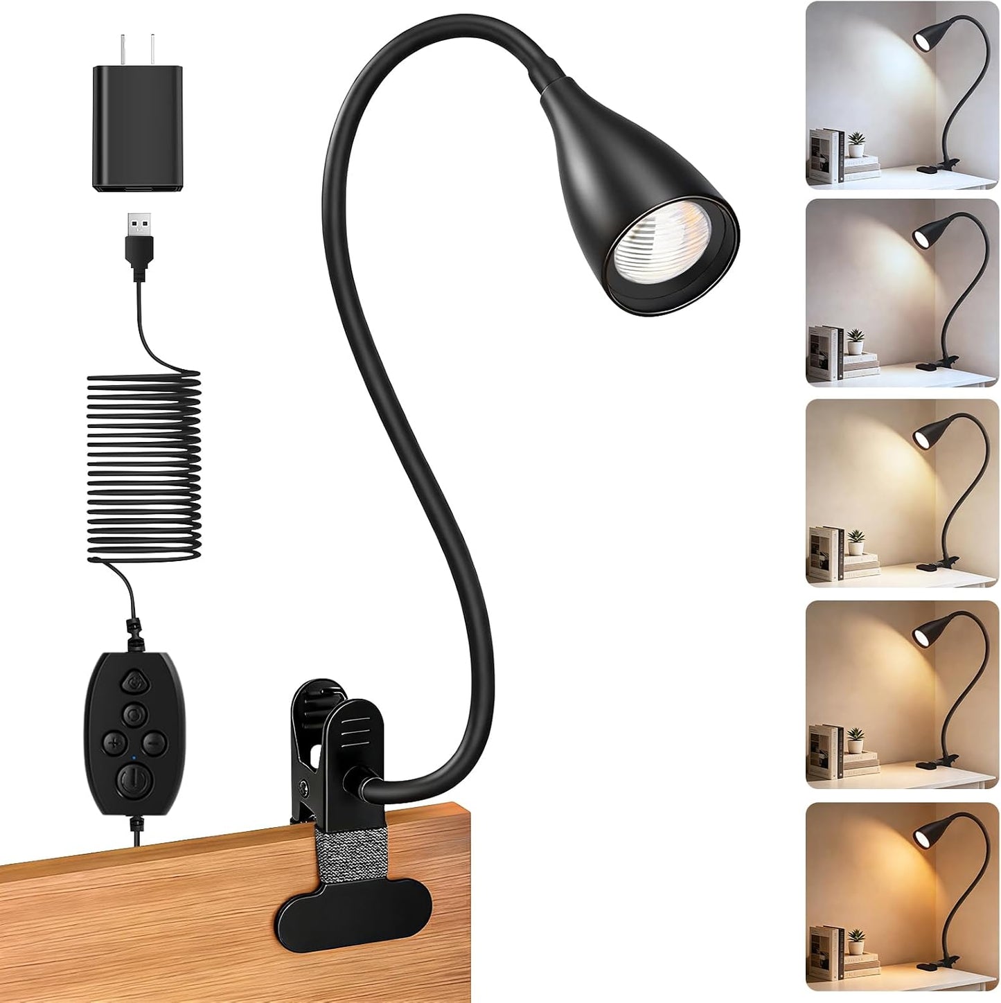 Reading Light for Book in Bed, Clip on Light Reading Lamp with Adapter, 5 Color Modes 10 Brightness, 360° Flexible Eye-Caring Clip on Desk Lamp Book Light for Reading in Bed Headboard Bedside Bedroom
