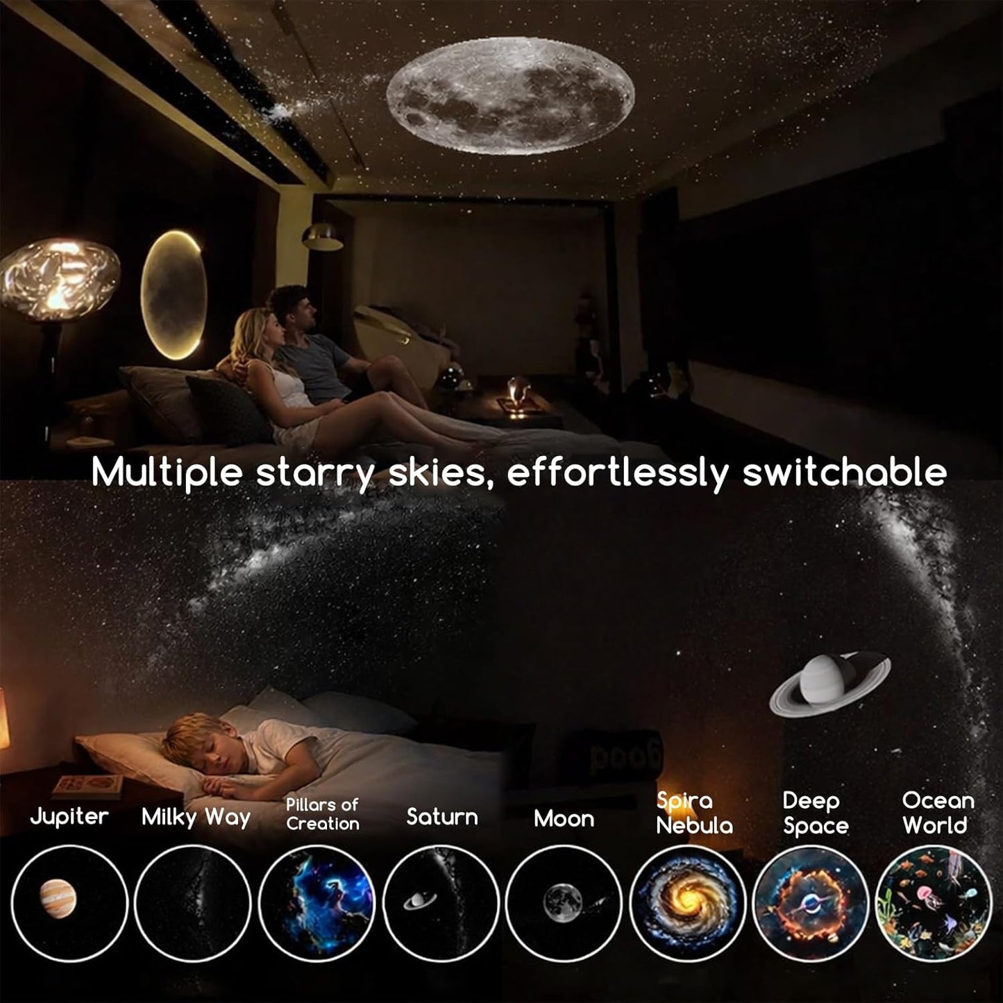 2-in-1 Galaxy Projector Night Light with 12 Sliding Projection Films, Adjustable Brightness 360° Rotating Design and USB Power for Car and Bedroom Decoration for Adults and Kids