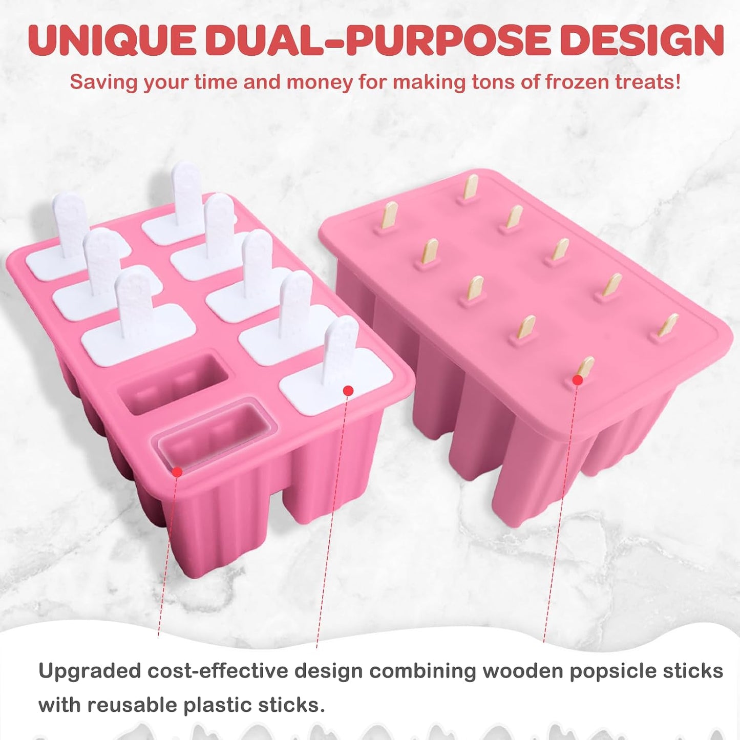 Miaowoof Homemade Popsicle Molds, 10-Cav Non-BPA Silicone Ice Pop Maker, with 50 Sticks, 50 Bags, 10 Reusable Sticks, Funnel, Brush and Ice Pop Recipe (Red)