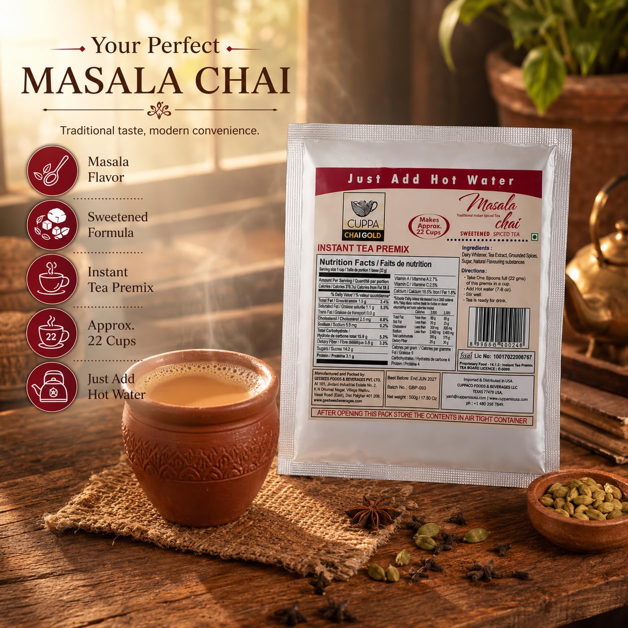Chai Gold Instant Chai Tea Premix Powder - Sweetened Milk Tea Latte Mix for Home and Beverage Dispensers - [500g / 1.1 lb Bulk Bag] (Kadak)