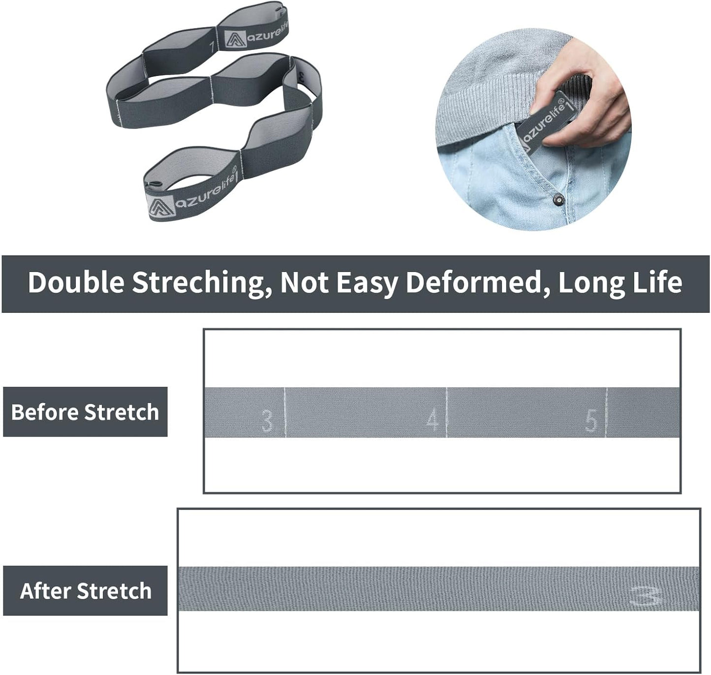 A AZURELIFE Elastic Yoga Stretching Strap, Multi-Loop Stretch Strap for Physical Therapy, Pilates, Yoga, Dance & Gymnastics Exercise and Flexible Pilates Stretch Band