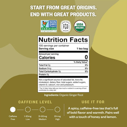 FGO Organic Ginger Tea, 100 Count, Eco-Conscious Tea Bags, Resealable Bag, Packaging May Vary (Pack of 1)