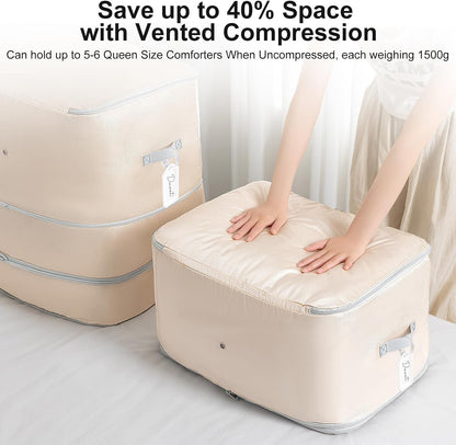 Comforter Storage Bag - 130L Large Capacity Blanket Storage Bags 4-Layer Ultra Space Saving Self Compression Organizer, Washable Compression Bags for Storage Comforter Blanket, Beige