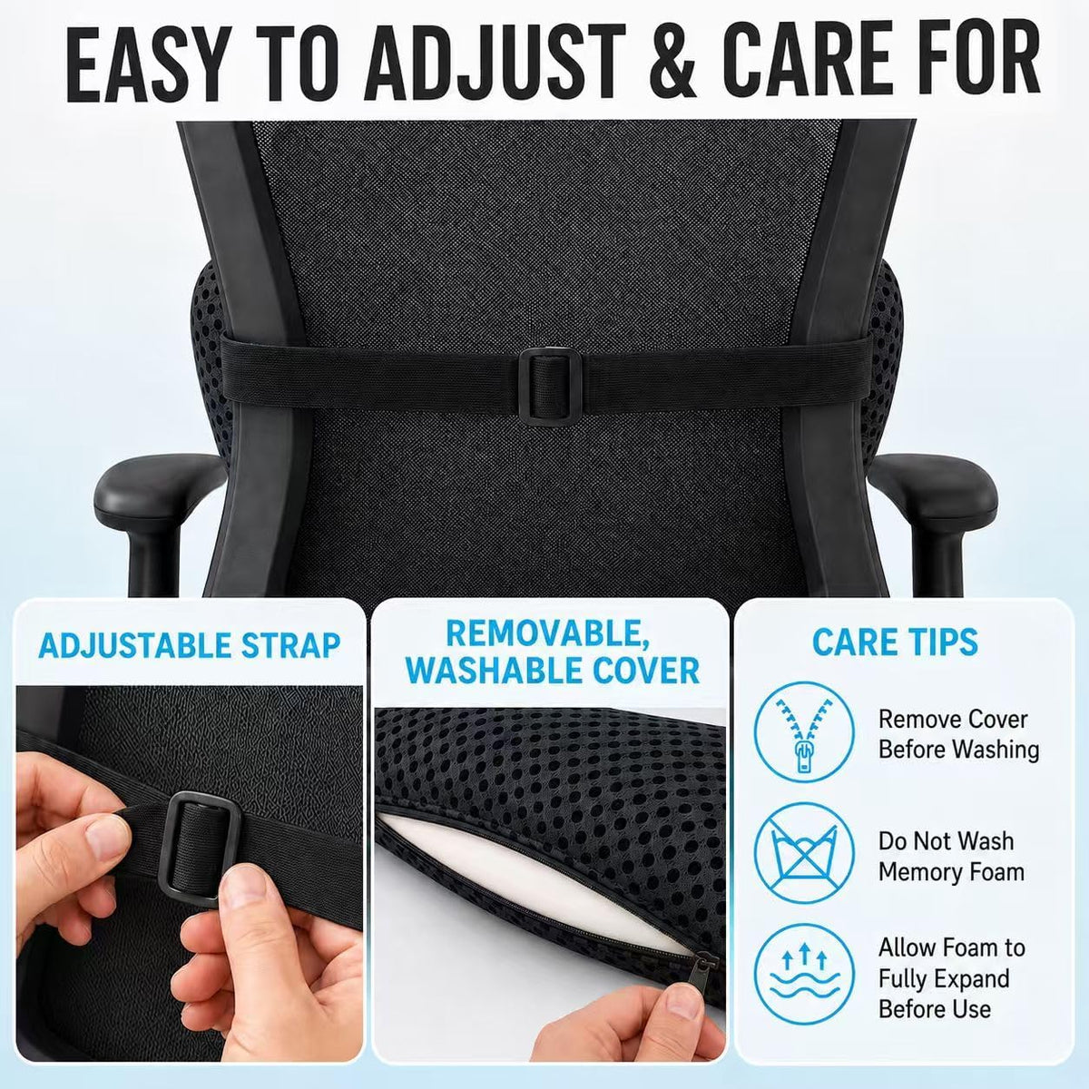Lumbar Support Pillow for Office Chair, Ergonomic Memory Foam Back Cushion for Lower Back Support, Breathable Mesh Lumbar Cushion for Car Seat, Desk Chair & Long Sitting Relief