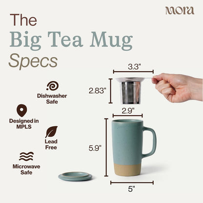 Mora Ceramics Large Tea Mug with Loose Leaf Infuser and Ceramic Lid, 18 oz, Portable, Microwave and Dishwasher Safe, Tall Coffee Cup - Rustic Matte Ceramic Glaze, Modern Herbal Tea Strainer, Olive