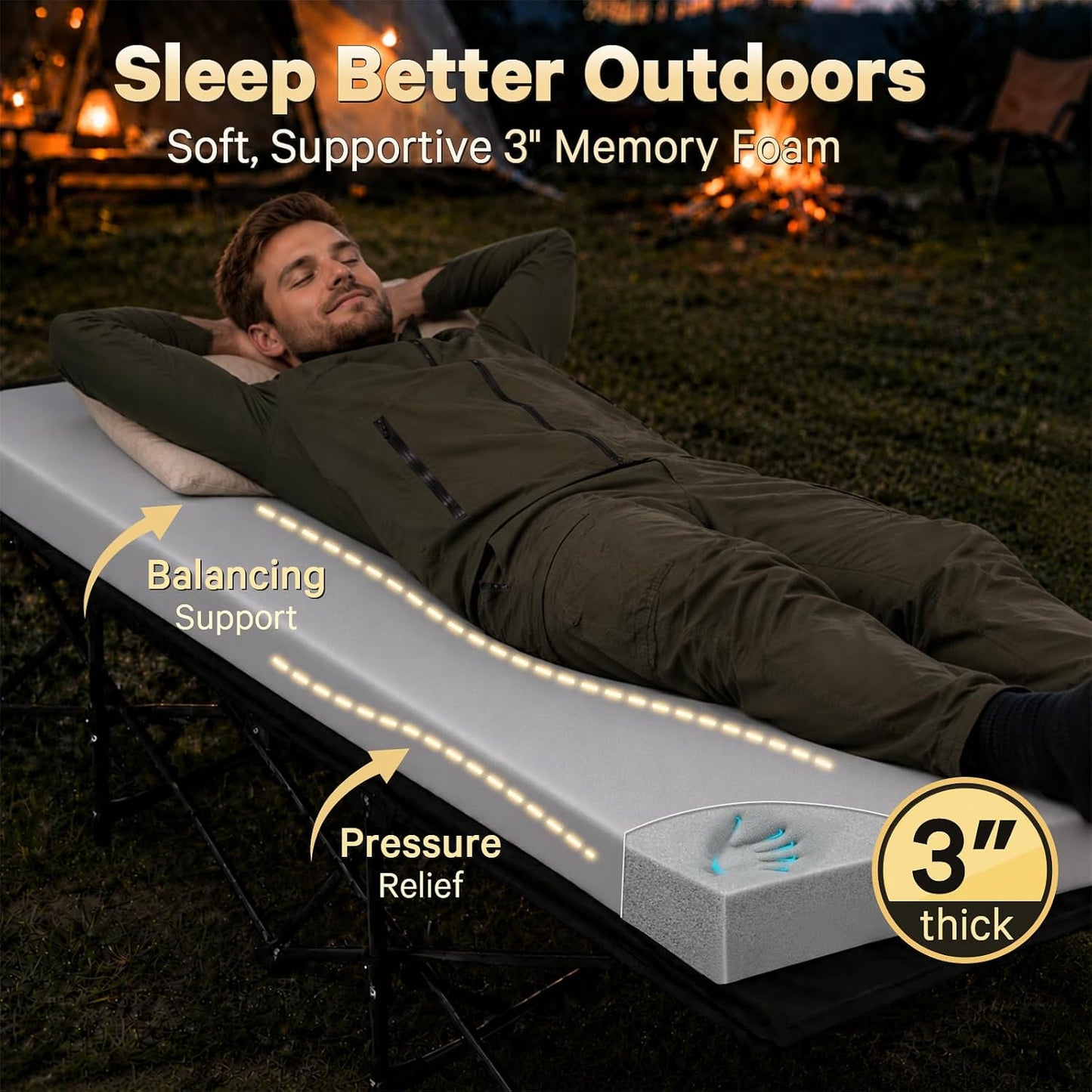 CYMULA Camping Cot Pad 2 Inch Memory Foam, Camping Pad for Folding Cot and Foldable Cot, Portable Roll Up Camp Gear for Car Camping Travel Tent, Non-Slip Waterproof Bottom, Removable Cover, Pad Only