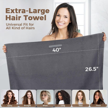 HOMEXCEL 5 Pack Microfiber Hair Towels - 40 x 20 inches Super Soft, Fast Drying Turbans for Long, Thick, Curly Hair - Anti Frizz Wrap with Elastic Strap