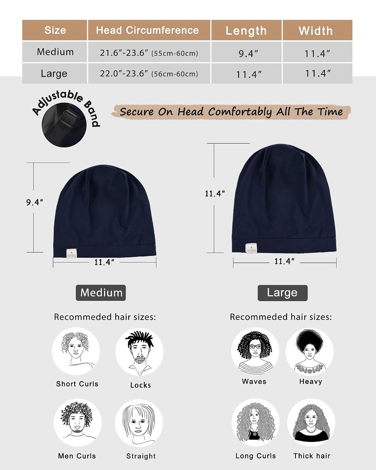YANIBEST Hair Cover Bonnet Satin Sleep Cap - Adjustable Stay on Silk Lined Slouchy Beanie for Night Sleeping Surgical Hats Pure Black