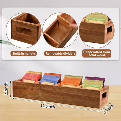 Acacia Wood Tea Bag Organizer with 4 Slots – Tea Bag Holder and Tea Organizer, Sugar Packet Storage for Countertops