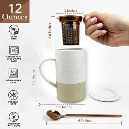 Mora Ceramics Tea Cup with Loose Leaf Infuser, Spoon and Lid, 12 oz, Microwave and Dishwasher Safe Coffee Mug - Rustic Matte Ceramic Glaze, Modern Herbal Tea Strainer - Great Gift for Women, Garnet