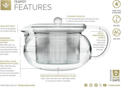 Teabloom Kyoto 2-in-1 Tea Kettle and Tea Maker – Glass Teapot with Removable Loose Tea Infuser – Tea Connoisseur's Choice
