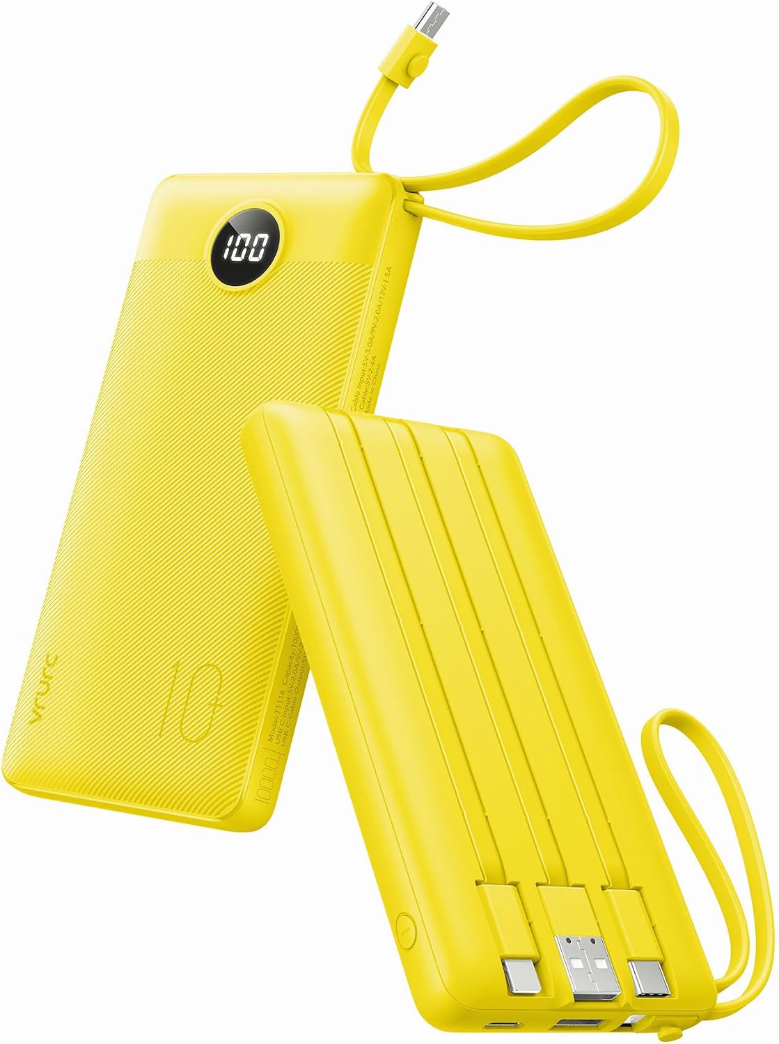 VRURC Portable Charger, Slim Power Bank Built-in 4 Cables, Travel Essential