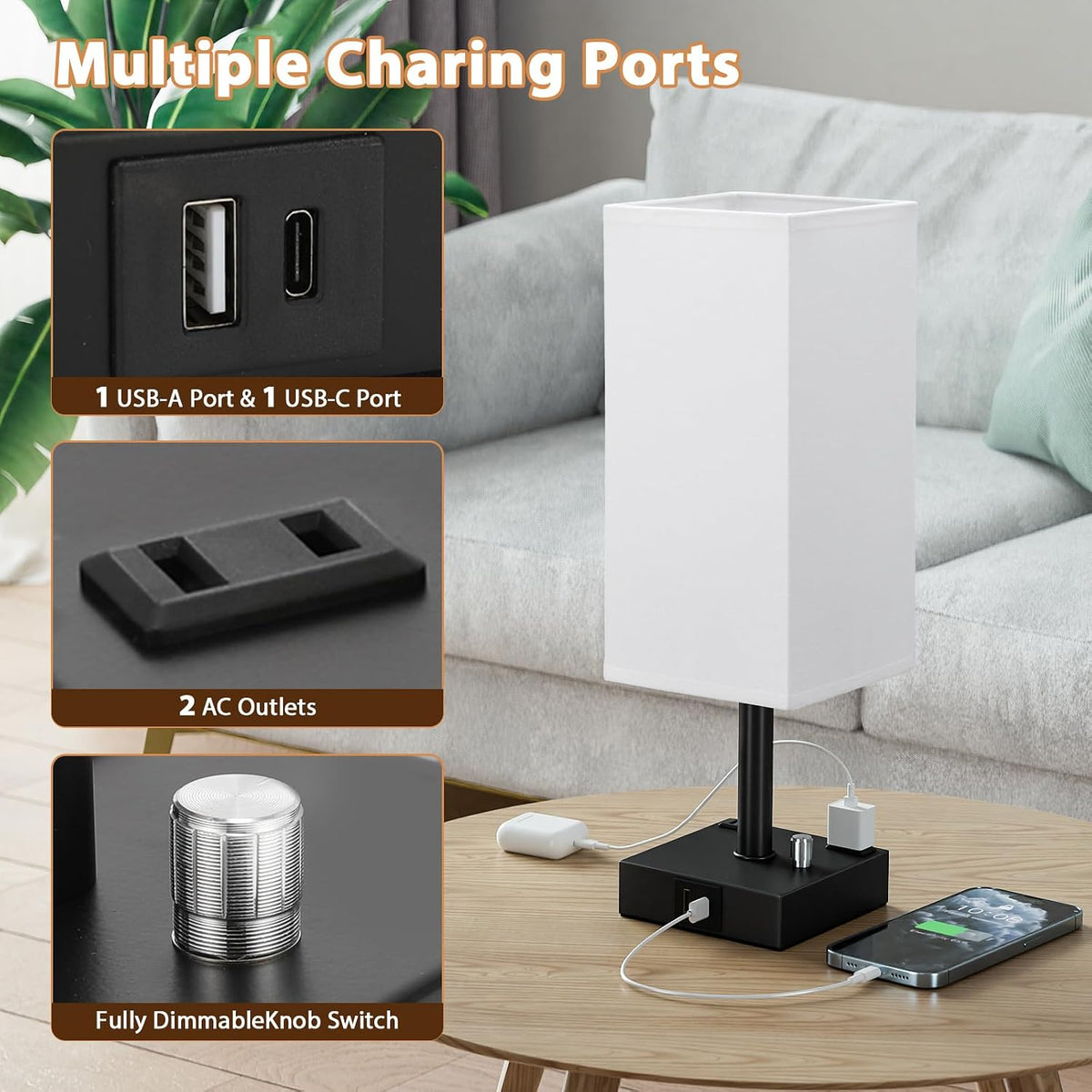 Bedside Table Lamps Set of 2 for Bedroom - Dimmable, USB C+A, 2 AC Outlets