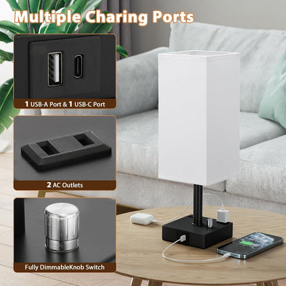 Bedside Table Lamps Set of 2 for Bedroom - Dimmable, USB C+A, 2 AC Outlets