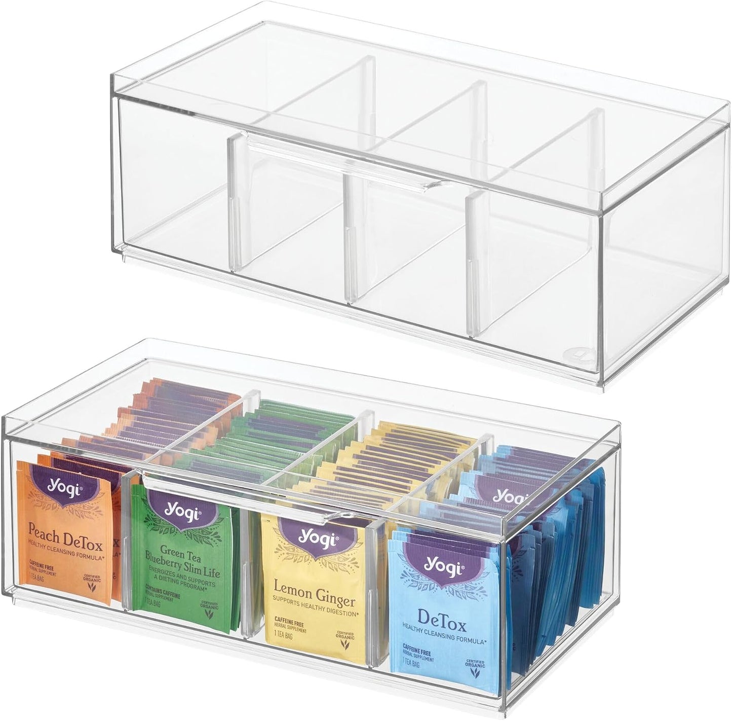 iDesign XL Tea Bag Organizer, Clear, 4-Section | For Counter, Storage Drawer for Cabinet