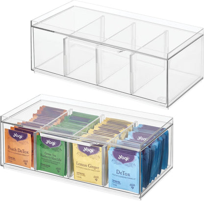 iDesign XL Tea Bag Organizer, Clear, 4-Section | For Counter, Storage Drawer for Cabinet