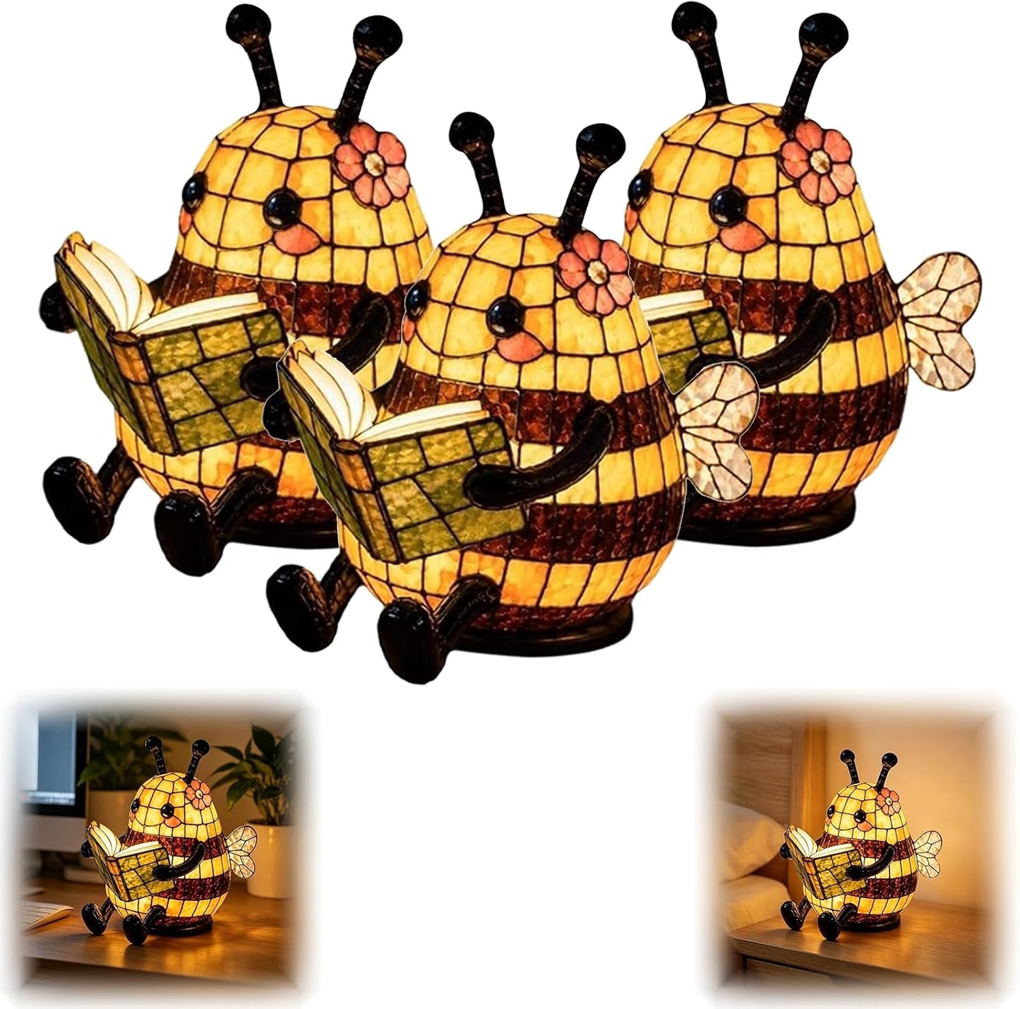 Cute Bee Night Light with Book Design, Warm Glow Animal Table Lamp for Bedroom Desk Bookshelf, Decorative 3D Bee Reading Lamp Gift for Book Lovers，1pc