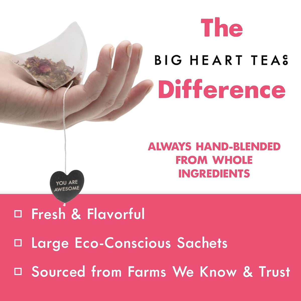 Big Heart Tea Co. Tea Bags - Blushing Pink Hibiscus - Certified Organic, Naturally Sweet Ayurvedic Herbal Decaf Tea with Small Batch Ground Herbs - Adaptogenic Tulsi and Lemongrass, 20 Tea Bags