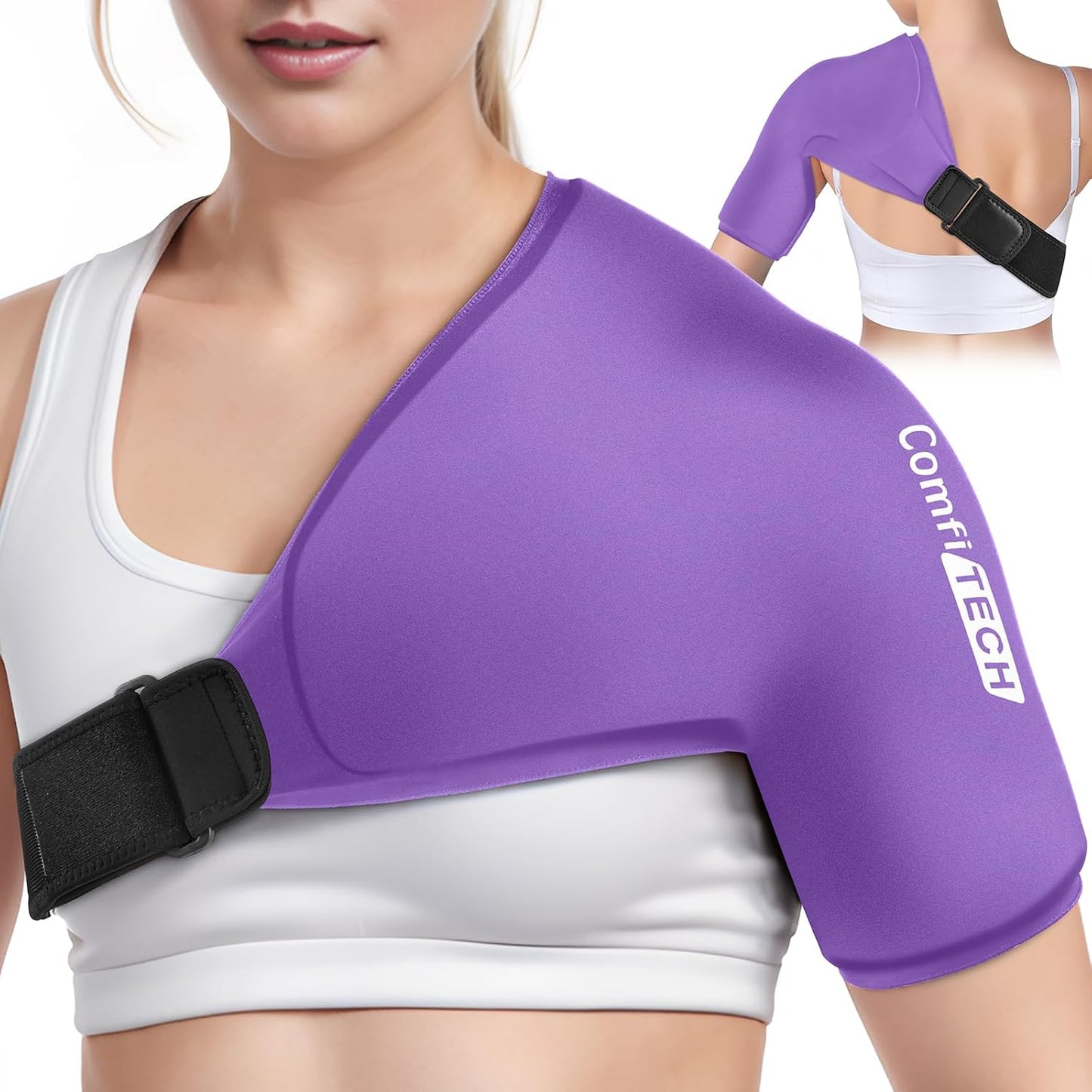 Comfitech Shoulder Ice Pack Wrap Sleeve for Better Putting On & Off, Reusable Gel Cold Pad for Arm, Large, Black