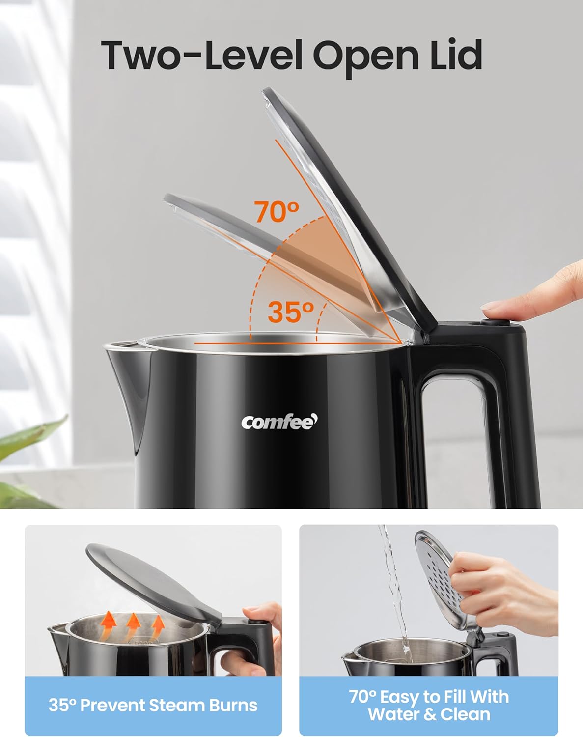 Comfee 1.7L Stainless Steel Electric Tea Kettle, BPA-Free Hot Water Boiler, Cordless with LED Light, Auto Shut-Off and Boil-Dry Protection, 1500W Fast Boil