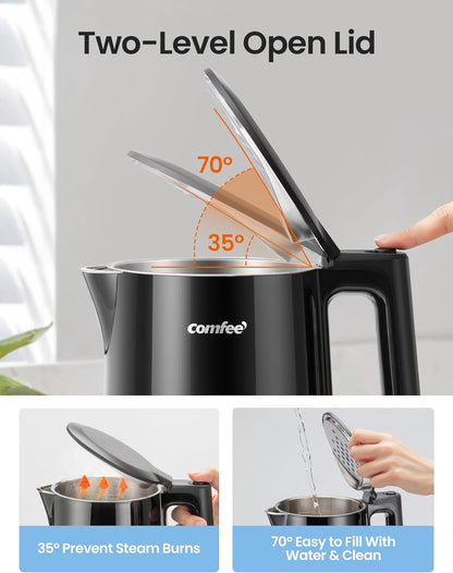 Comfee 1.7L Stainless Steel Electric Tea Kettle, BPA-Free Hot Water Boiler, Cordless with LED Light, Auto Shut-Off and Boil-Dry Protection, 1500W Fast Boil