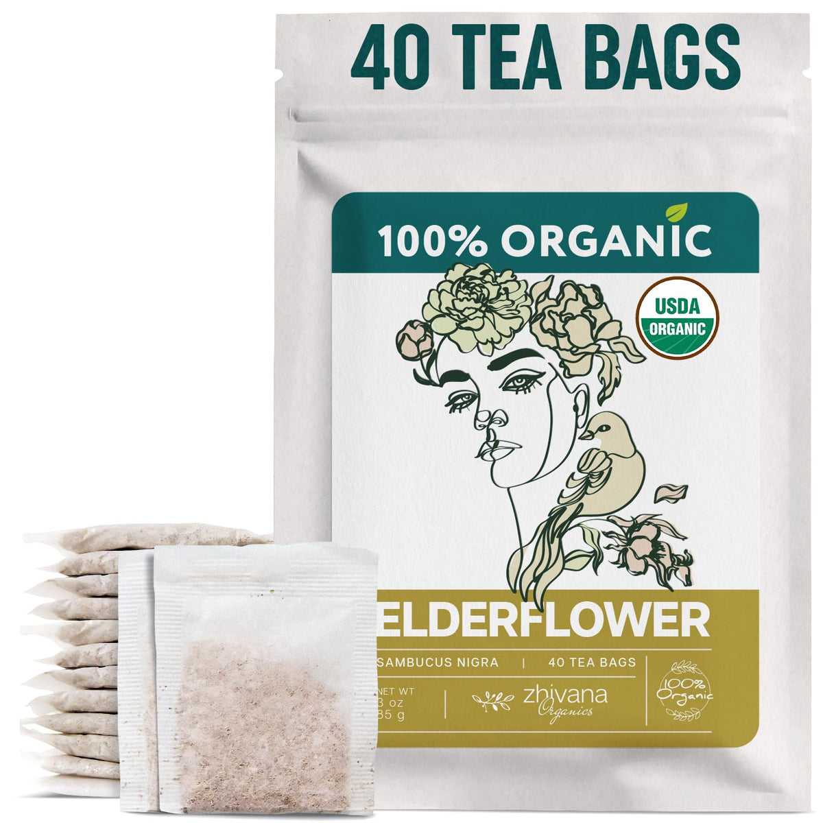 Organic Elderflower Tea (40 Bleach-Free & Microplastic-Free TeaBags) - Elder Flowers