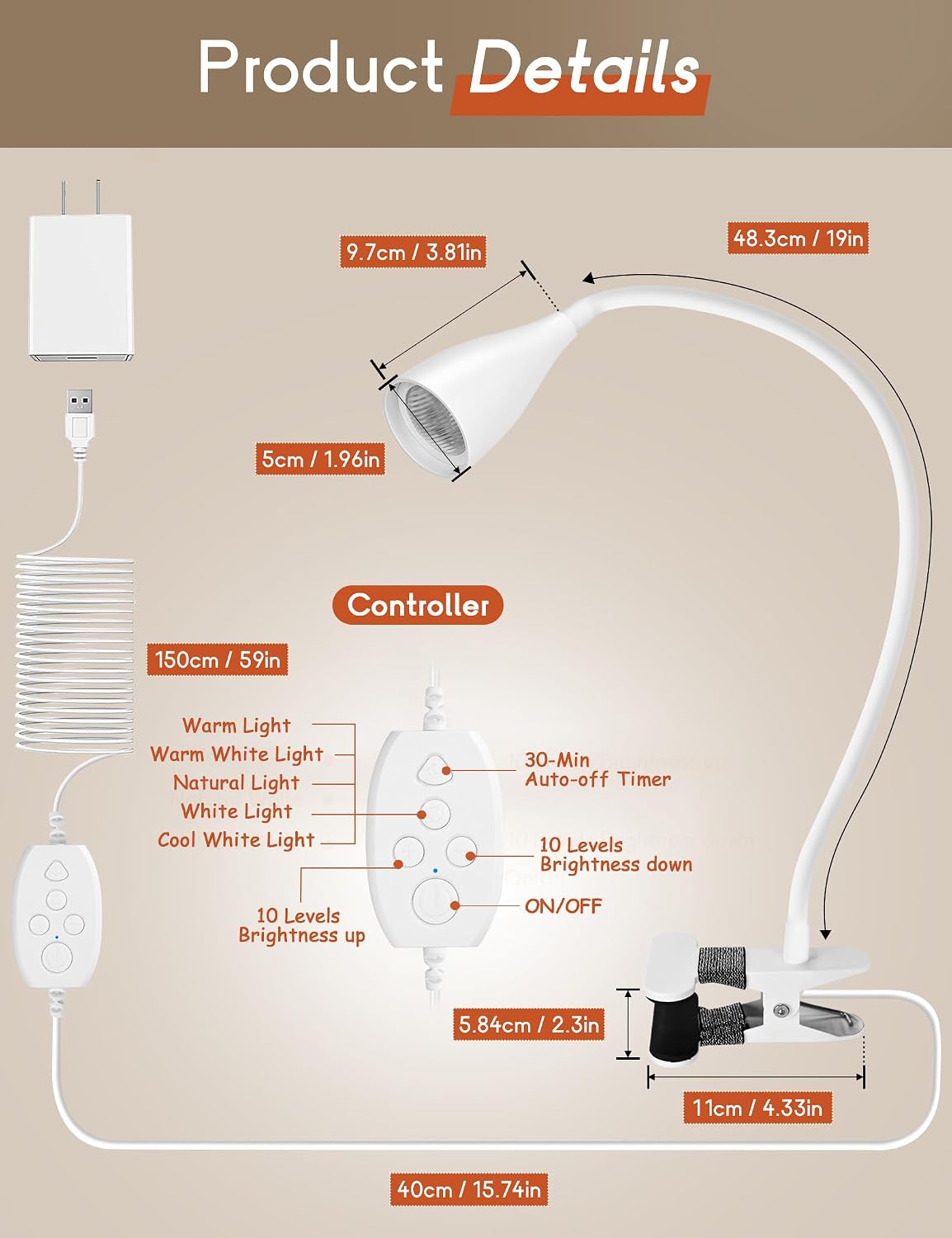 Reading Light for Book in Bed, Clip on Light Reading Lamp with Adapter, 5 Color Modes 10 Brightness, 360° Flexible Eye-Caring Clip on Desk Lamp Book Light for Reading in Bed Headboard Bedside Bedroom