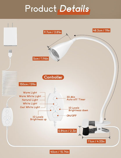 Reading Light for Book in Bed, Clip on Light Reading Lamp with Adapter, 5 Color Modes 10 Brightness, 360° Flexible Eye-Caring Clip on Desk Lamp Book Light for Reading in Bed Headboard Bedside Bedroom