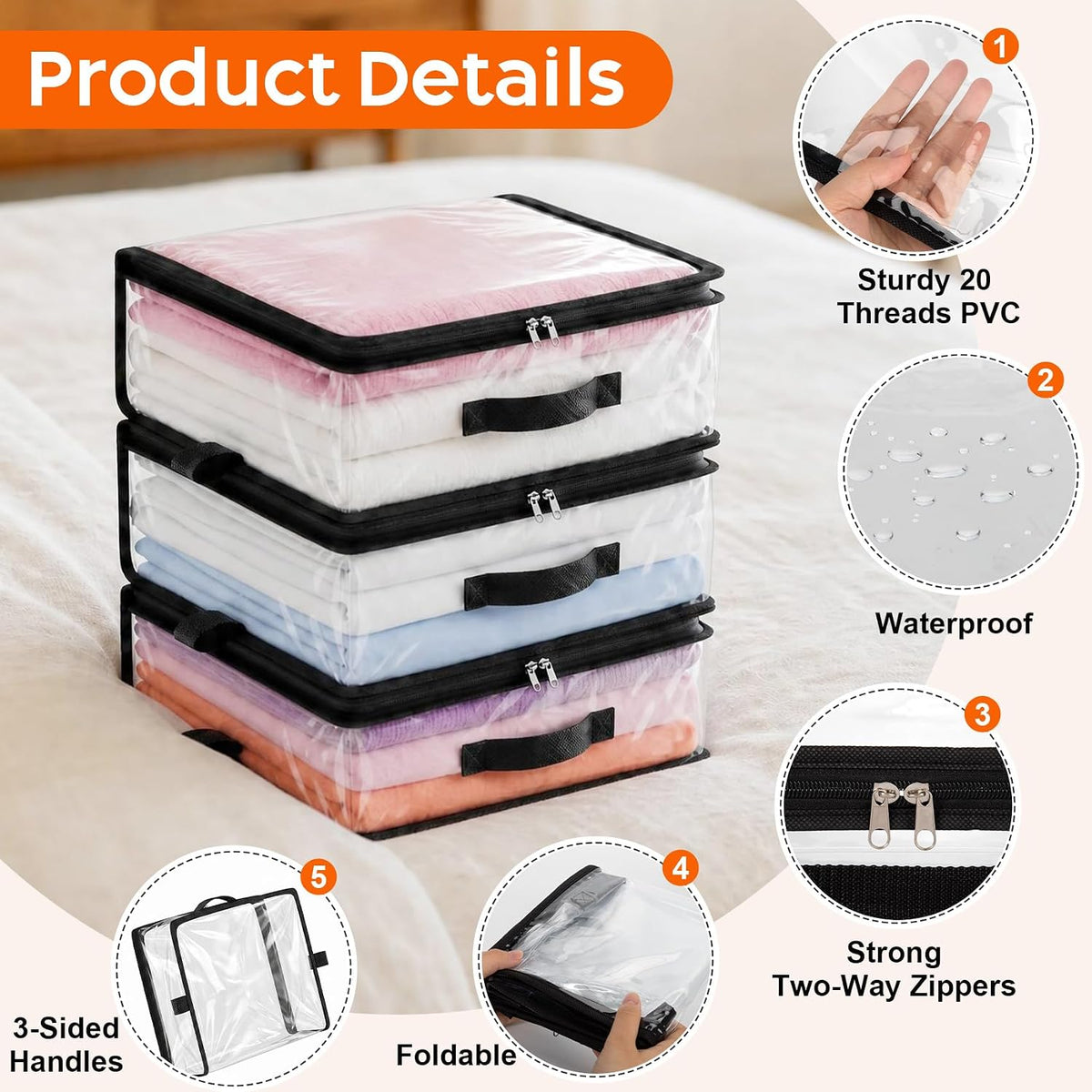 Clear Storage Bags with Zipper Handles, Sheet Organizers and Storage