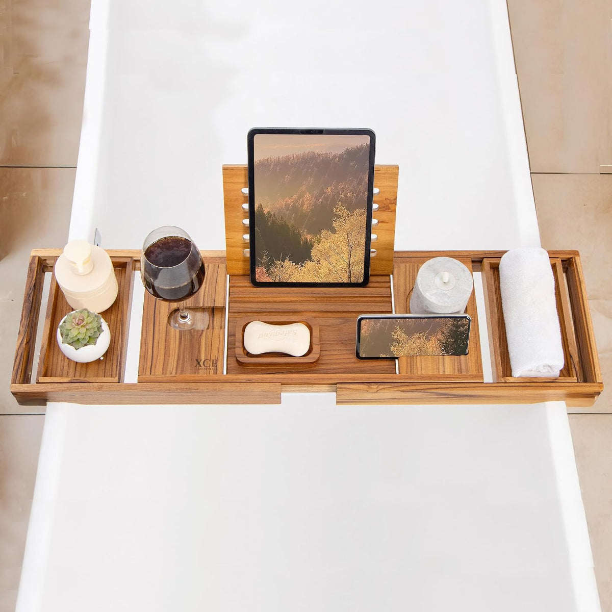 XcE Bamboo Bathtub Caddy Tray with Book Stand & Soap Holder, Brown