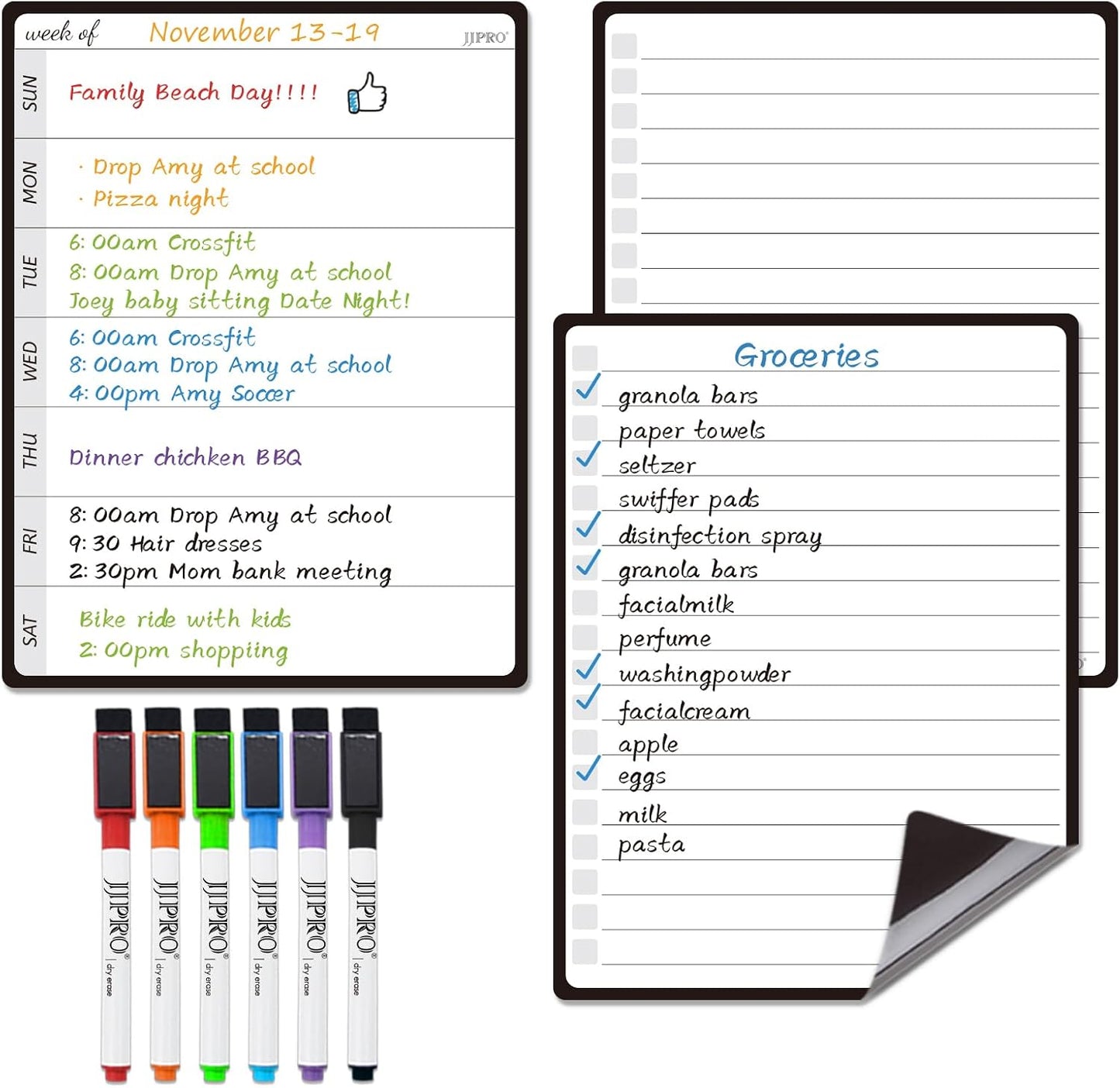 JJPRO Magnetic Monthly Calendar Whiteboard Set for Fridge-Monthly Planning Board and Two Bonus Dry Erase Grocery Board&Weekly Menu Board-Meal Planner Whiteboard/to-Do List-6 Markers