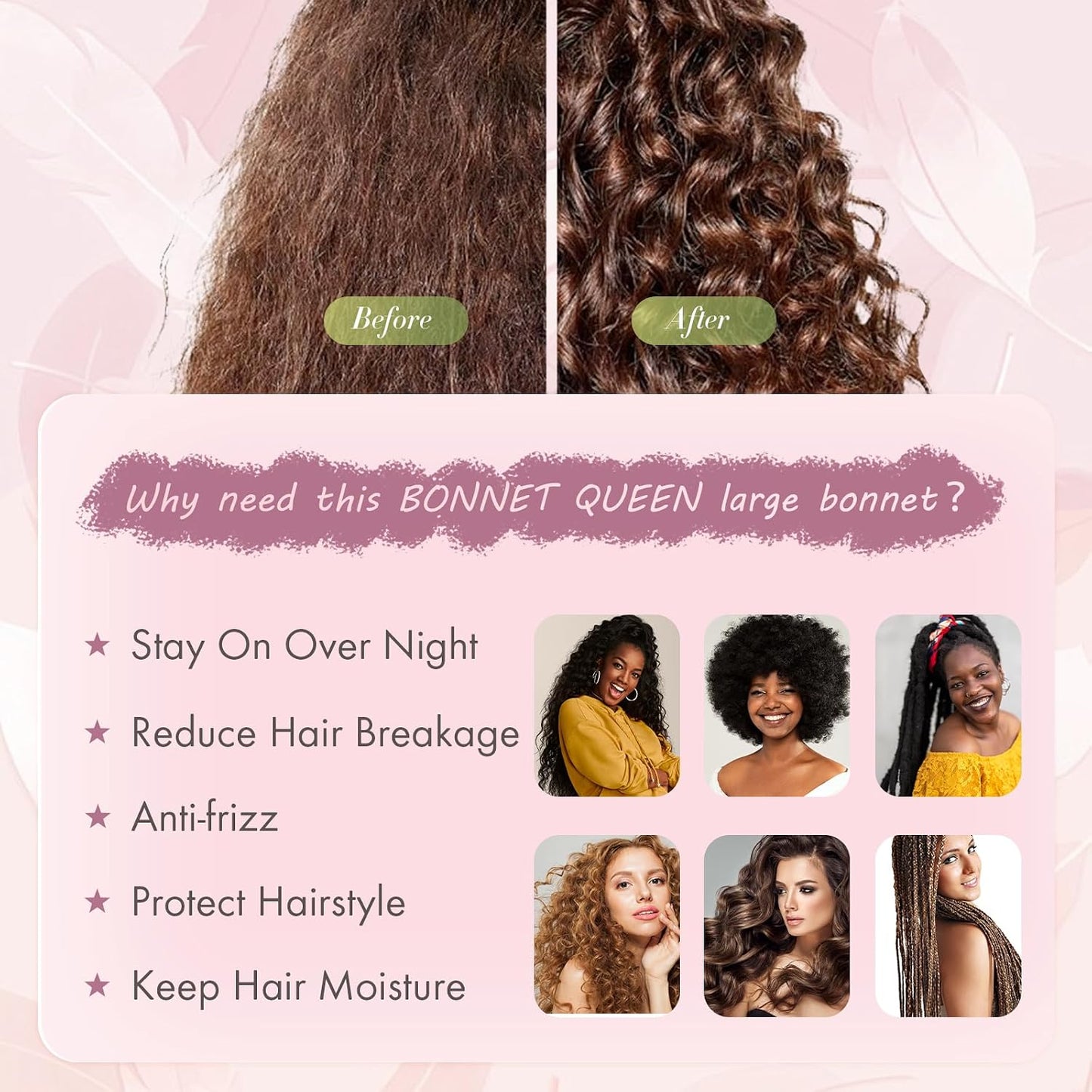 BONNET QUEEN Silk Bonnet for Sleeping for Women Satin Bonnet Night Cap for Curly Hair with Tie Band, Single Layer, Cream Pink