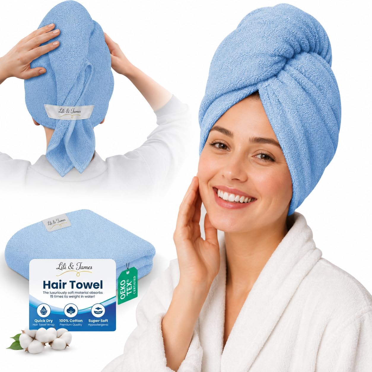 Lili&James 100% Cotton Hair Towel Wrap for Women & Kids – 420 GSM Quick Dry Hair Turban with Double Button Loop, Anti Frizz Non Microfiber Hair Drying Towel for Curly, Long & Thick Hair (Lilac)